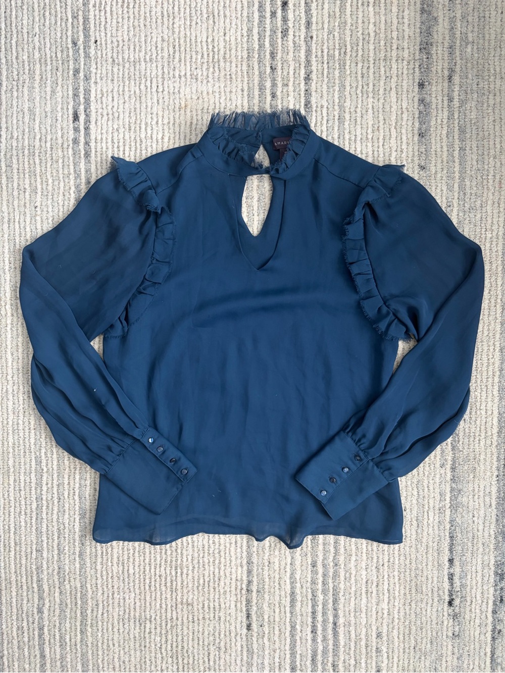 Amaryllis Teal-Blue Ruffle Keyhole Long Sleeve Blouse Size S/M